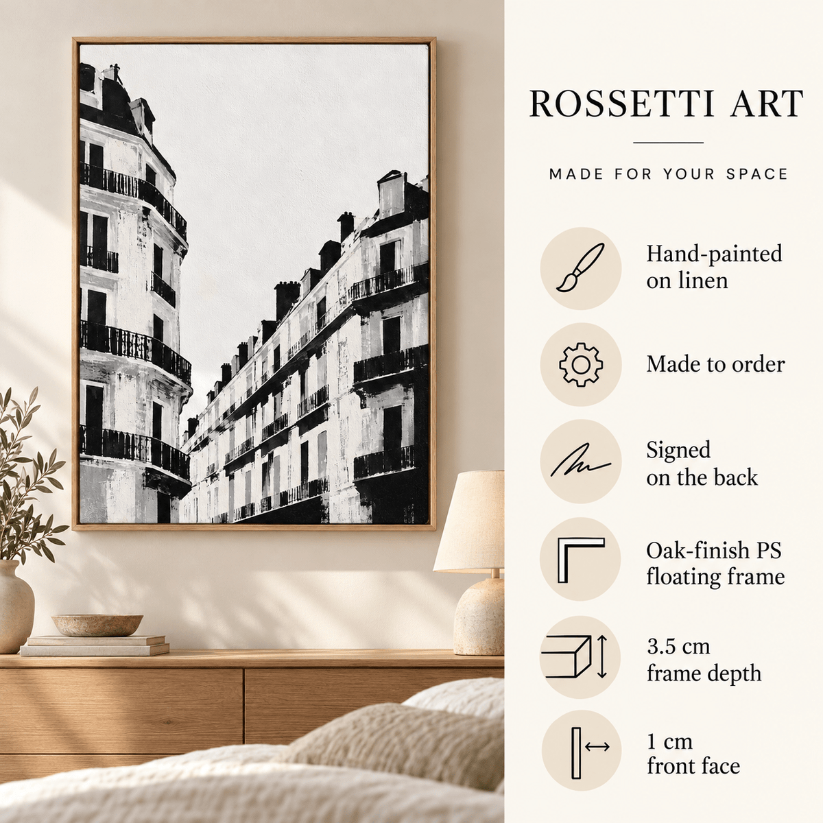 Black and White Paris Wall Art – Rue Noire original painting above a bed with material details by Rossetti Art