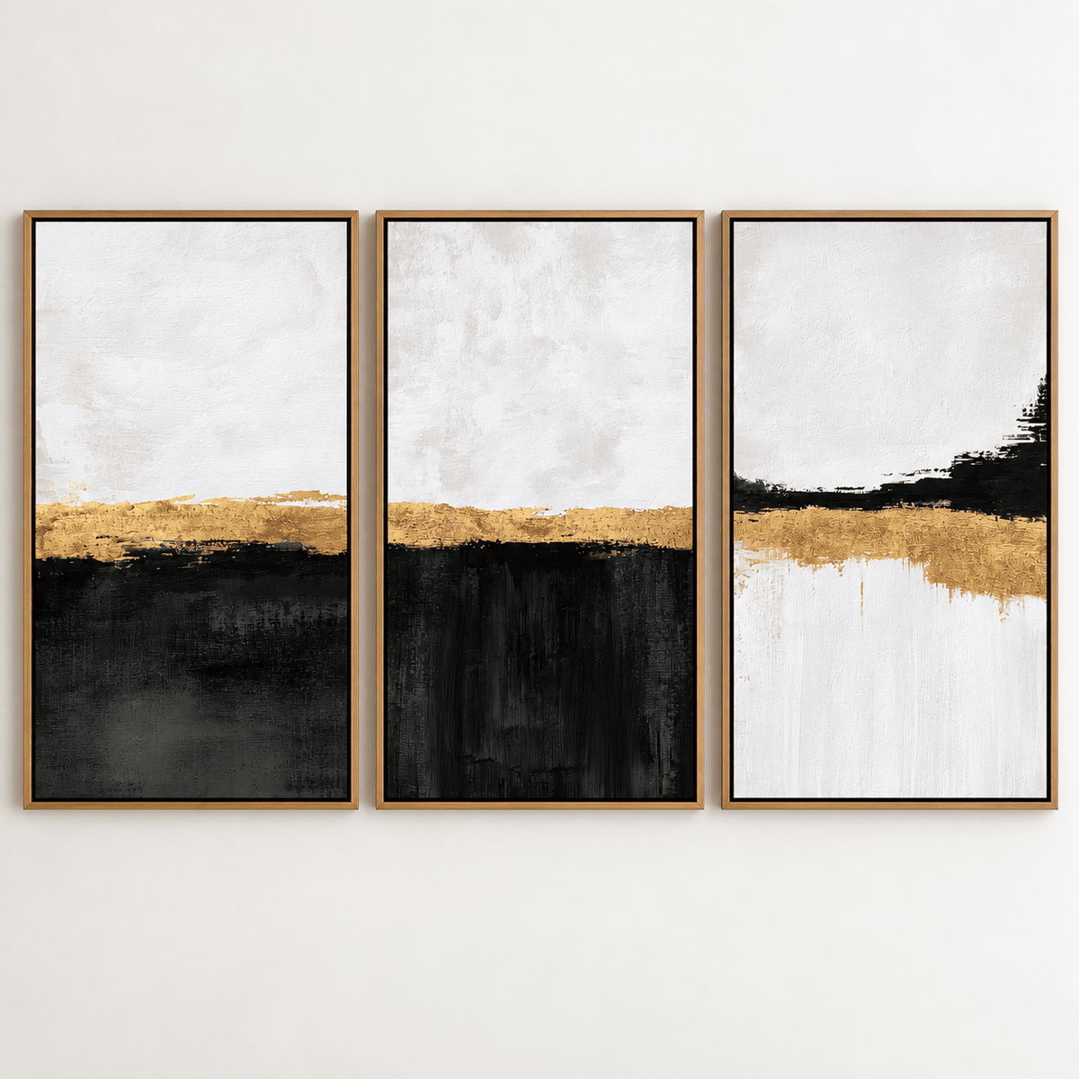 Black White and Gold Wall Art Set of 3 – Gilded Shoreline three vertical framed panels, gold horizon over black and ivory, by Rossetti Art