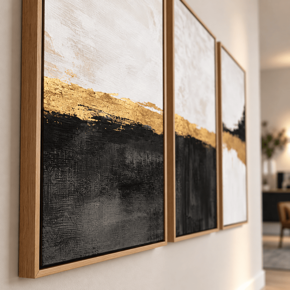 Black White and Gold Wall Art – Gilded Shoreline close-up of textured gold and black brushwork with floater frame by Rossetti Art