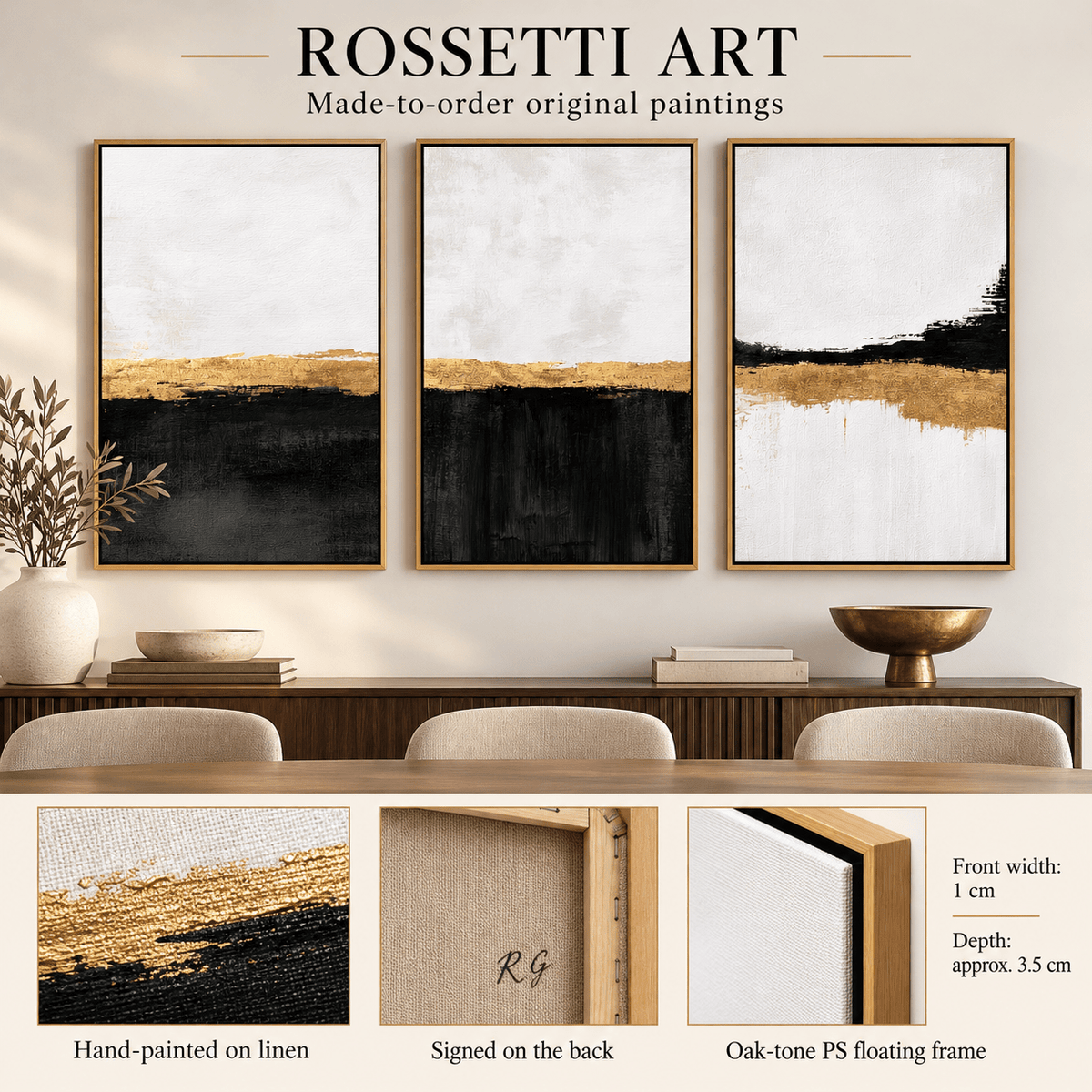 Black White and Gold Wall Art Set of 3 – Gilded Shoreline original paintings, hand-painted on linen with signed back and floating frame details by Rossetti Art