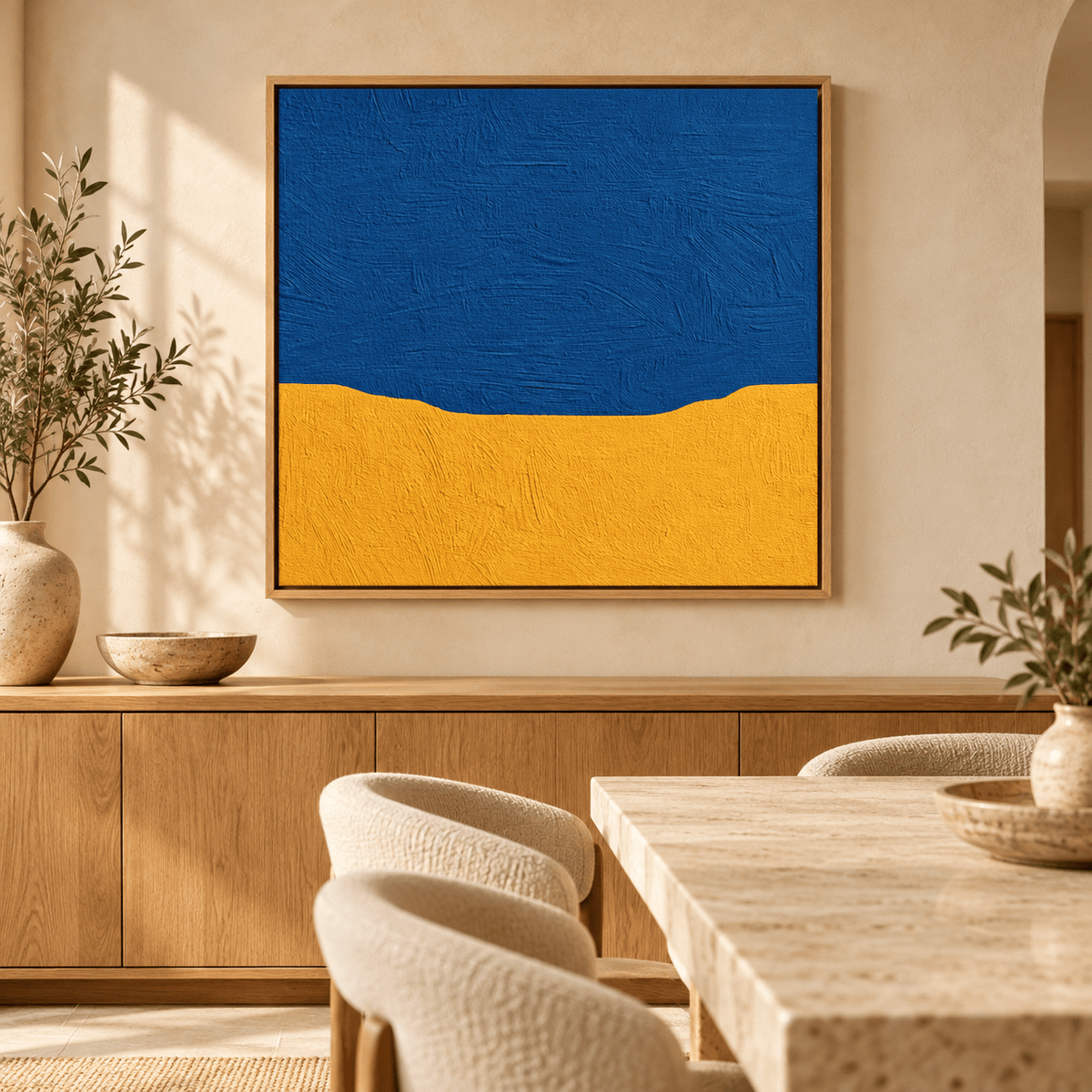 Blue and yellow abstract painting Marigold Shore above a sideboard in a dining room – Rossetti Art