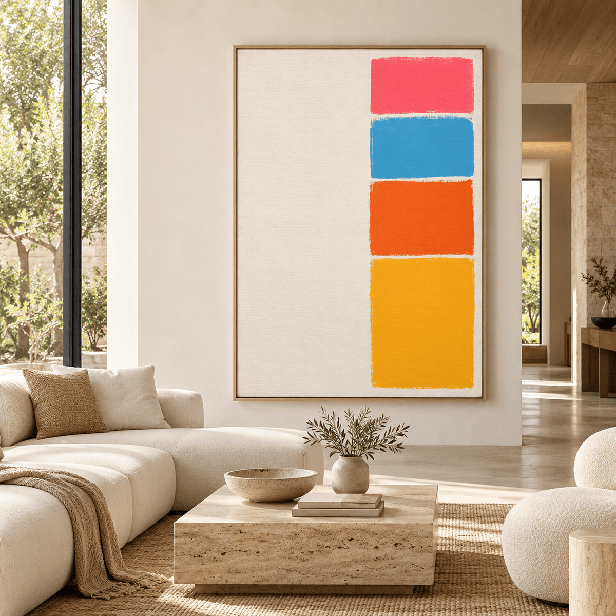 Bright abstract painting Chroma Column above a cream sofa in a designer living room