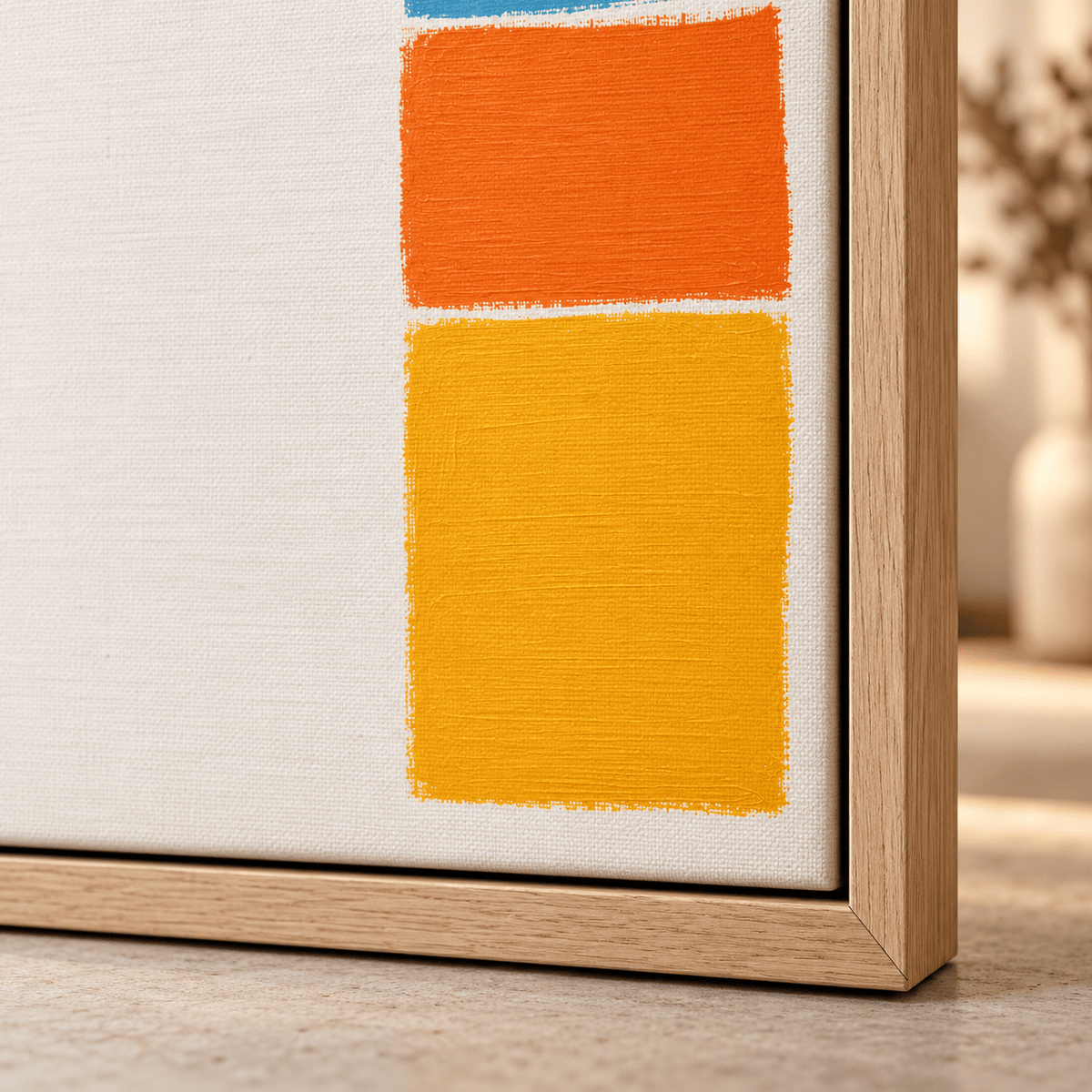 Close-up corner of the Chroma Column original painting in a floater frame