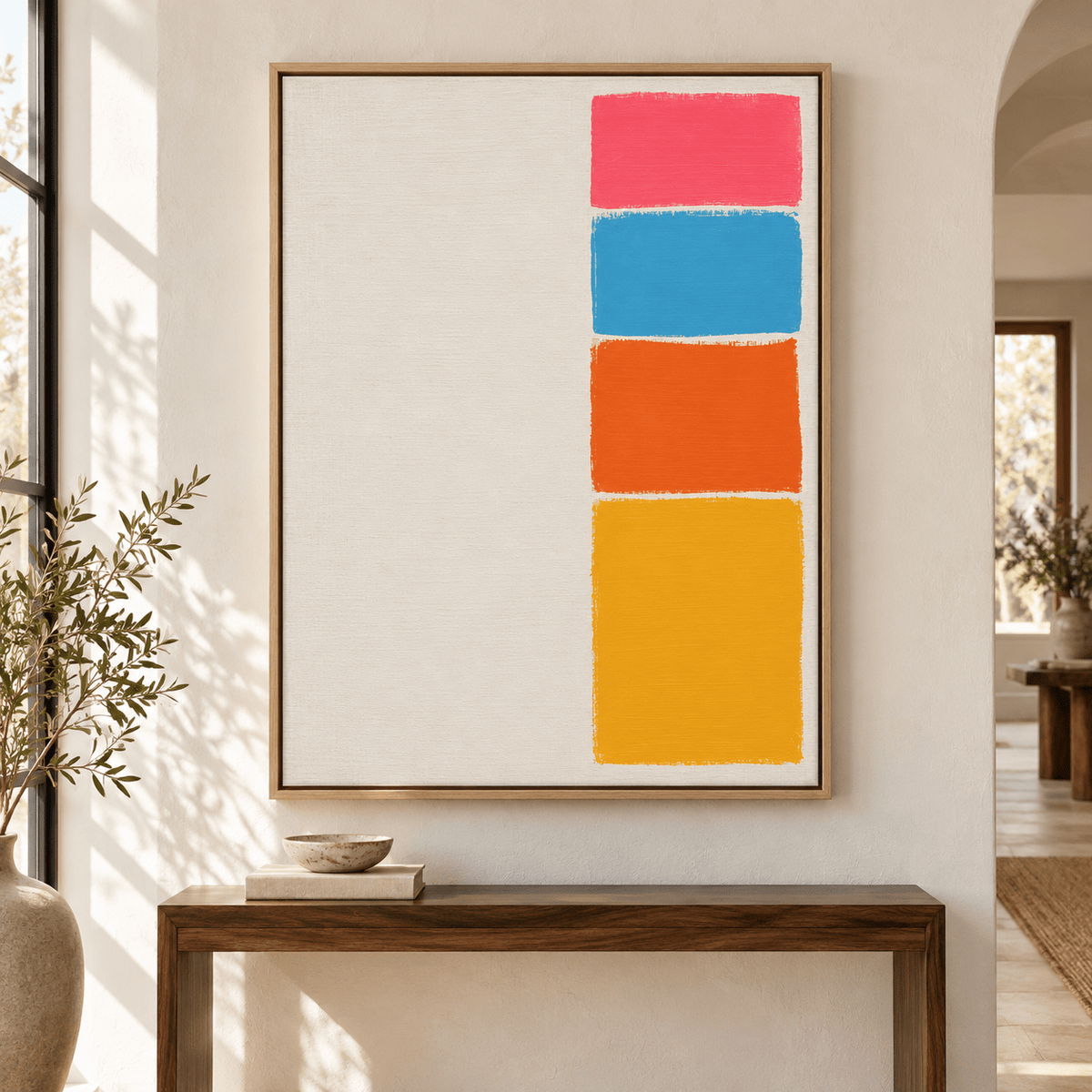 Vertical color block painting Chroma Column above a wooden console in an airy entryway