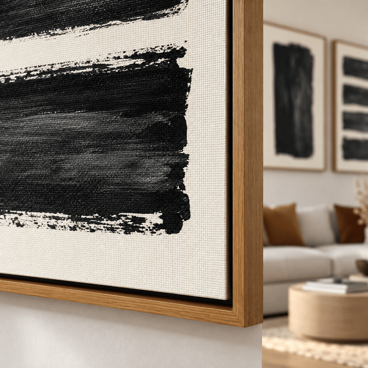 Brush Stroke Wall Art – Ink Strata close-up of textured black brush strokes on linen with floater frame corner by Rossetti Art
