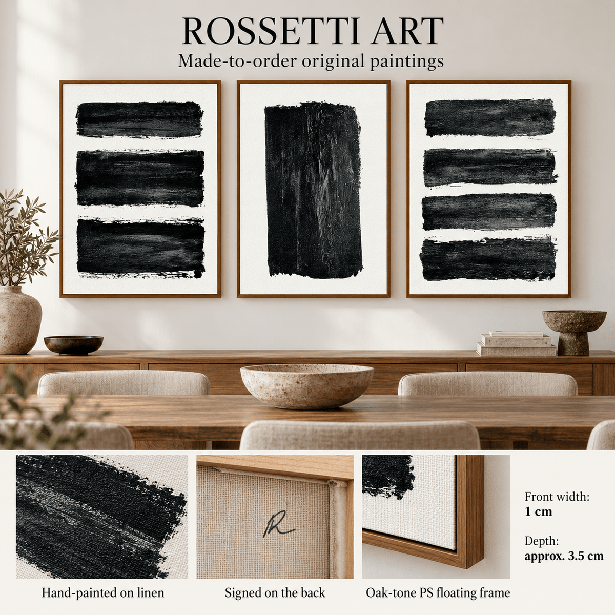 Brush Stroke Wall Art Set of 3 – Ink Strata original paintings, hand-painted on linen with signed back and floating frame details by Rossetti Art