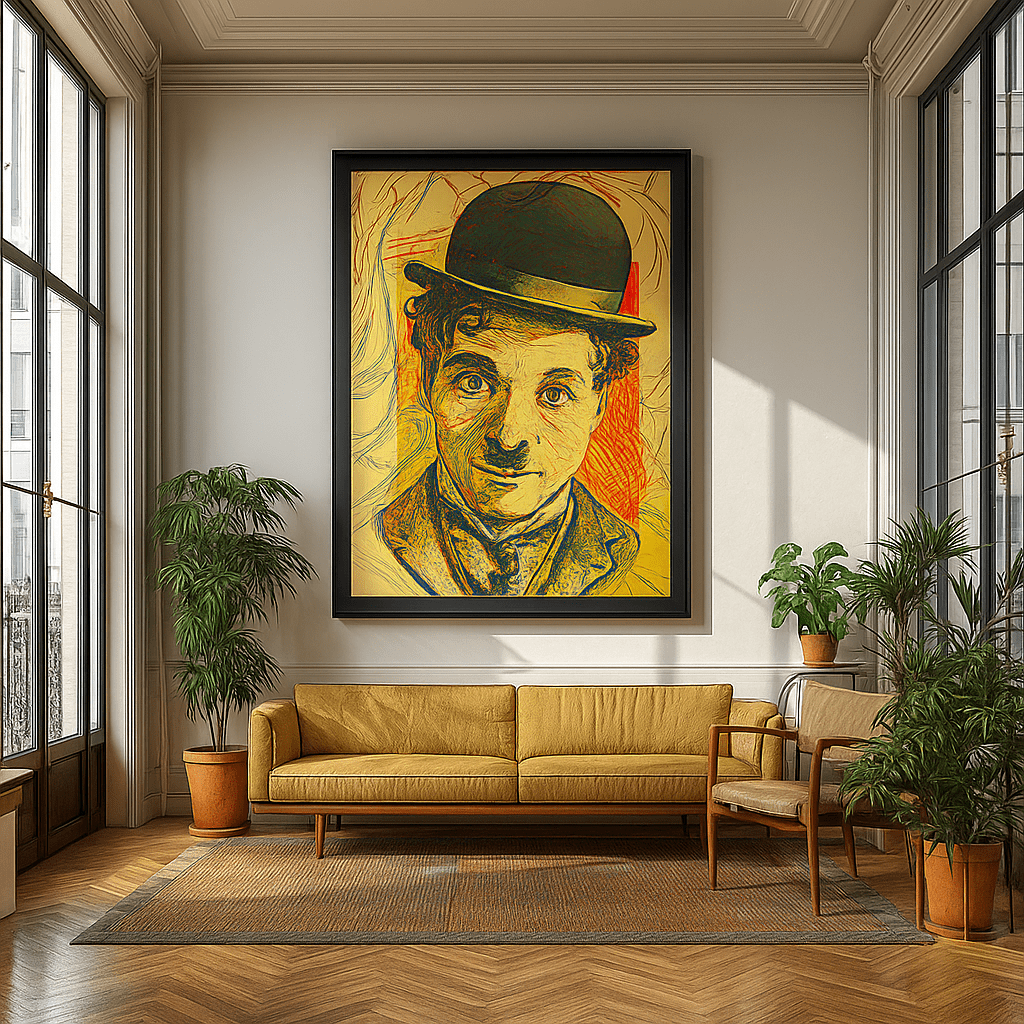 Original Painting : Charlie Chaplin Painting Images – Modern Portrait Original Painting | Rossetti Art by Chiara Rossetti modern abstract canvas wall art by Rossetti Art – luxury interior design artwork for living room, bedroom, office – handmade wall art minimalist modern artwork modern art on canvas