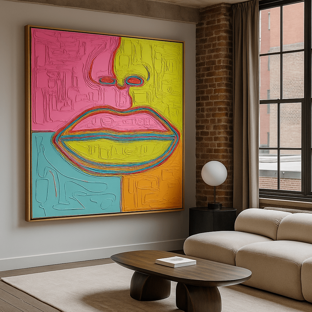 Original Painting : “Chromatic Whispers – Contemporary Abstract Lips Painting by Chiara Rossetti | Original Modern Wall Art” modern abstract canvas wall art by Rossetti Art – luxury interior design artwork for living room, bedroom, office – abstract woman art emotional artwork Interior Design Artwork