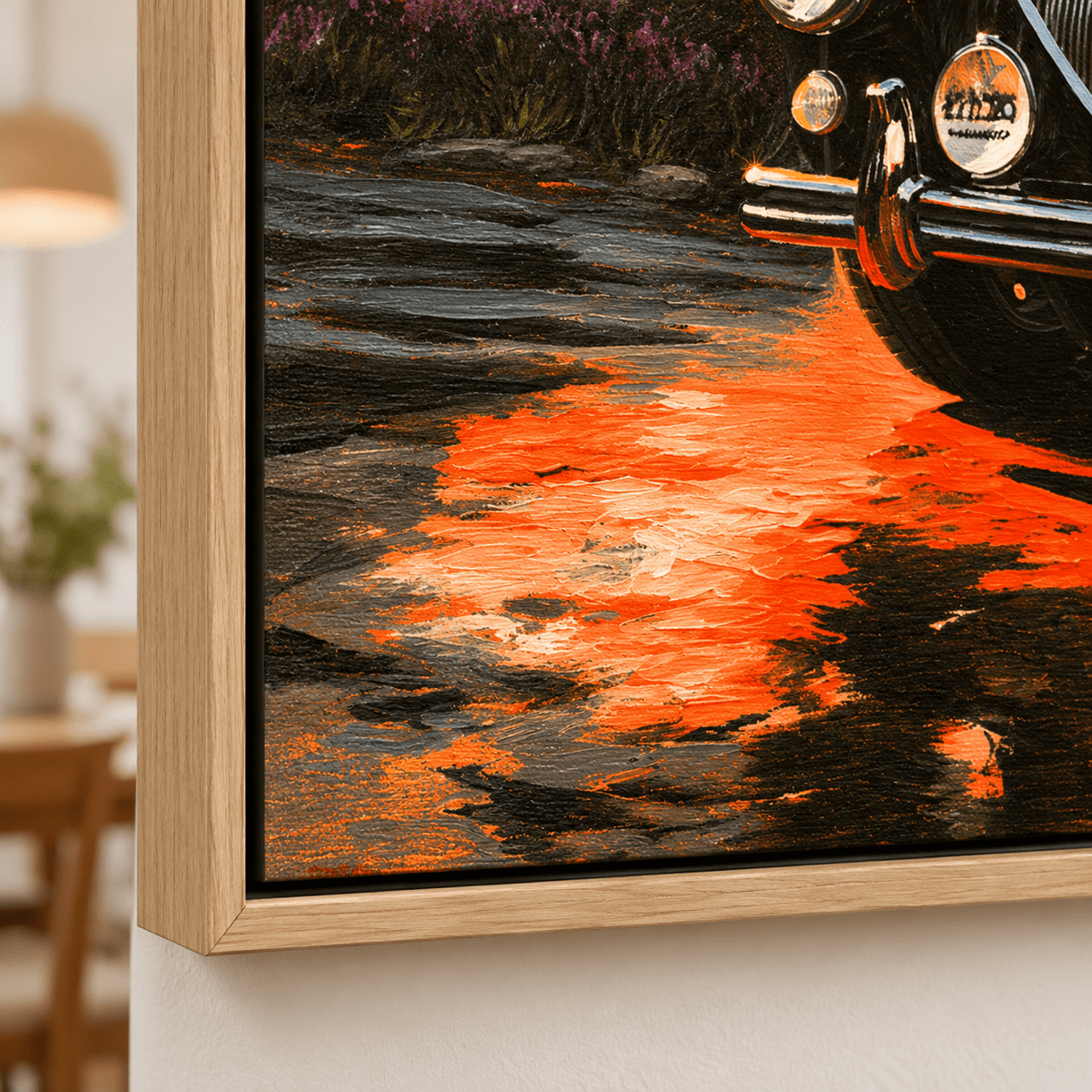 Classic Car Painting Original – Highland Roadster by Rossetti Art, frame corner with vintage reflections