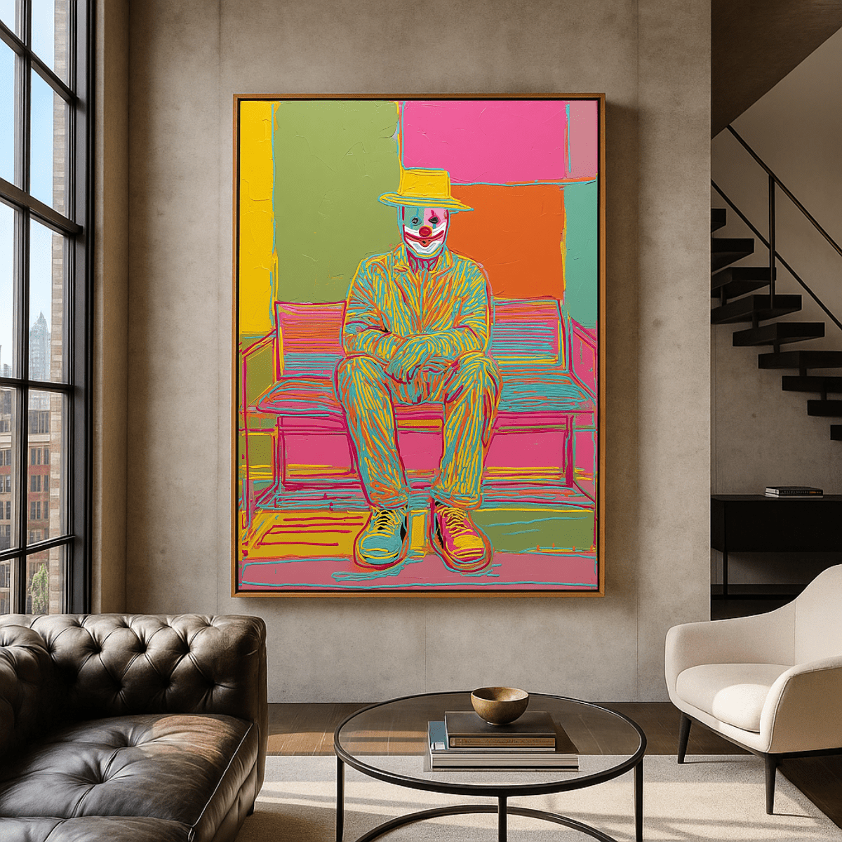 Original Painting : Clown Canvas Painting - Neon Expressionist Original Painting by Chiara Rossetti” modern abstract canvas wall art by Rossetti Art – luxury interior design artwork for living room, bedroom, office – handmade wall art minimalist modern artwork modern art on canvas