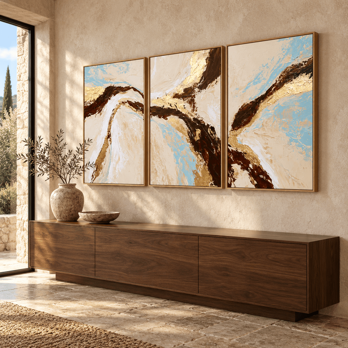 Cream and Gold Wall Art – Amber Current by Rossetti Art, wabi-sabi triptych over a walnut console