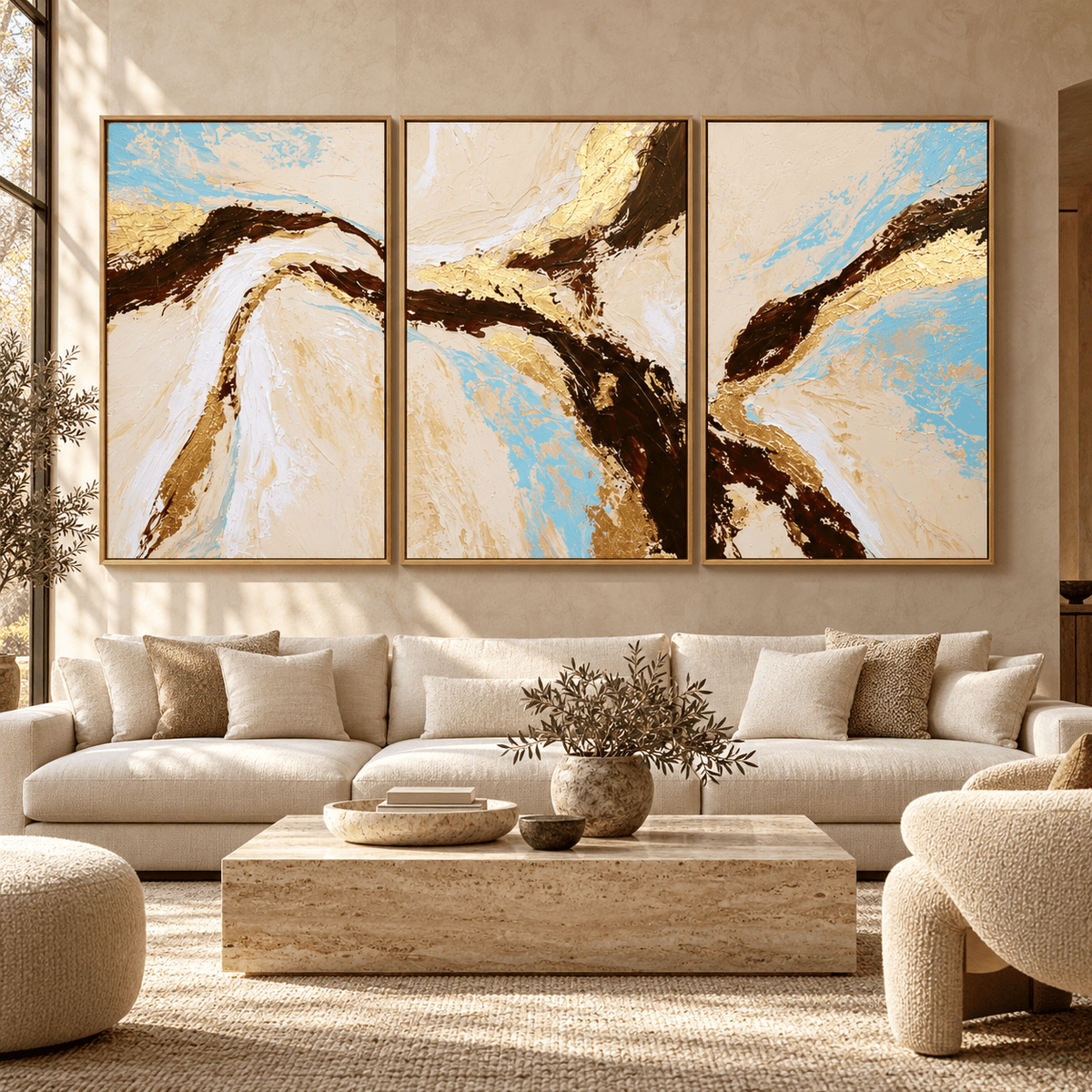 Cream and Gold Wall Art – Amber Current by Rossetti Art, oversized abstract triptych above an ivory sofa