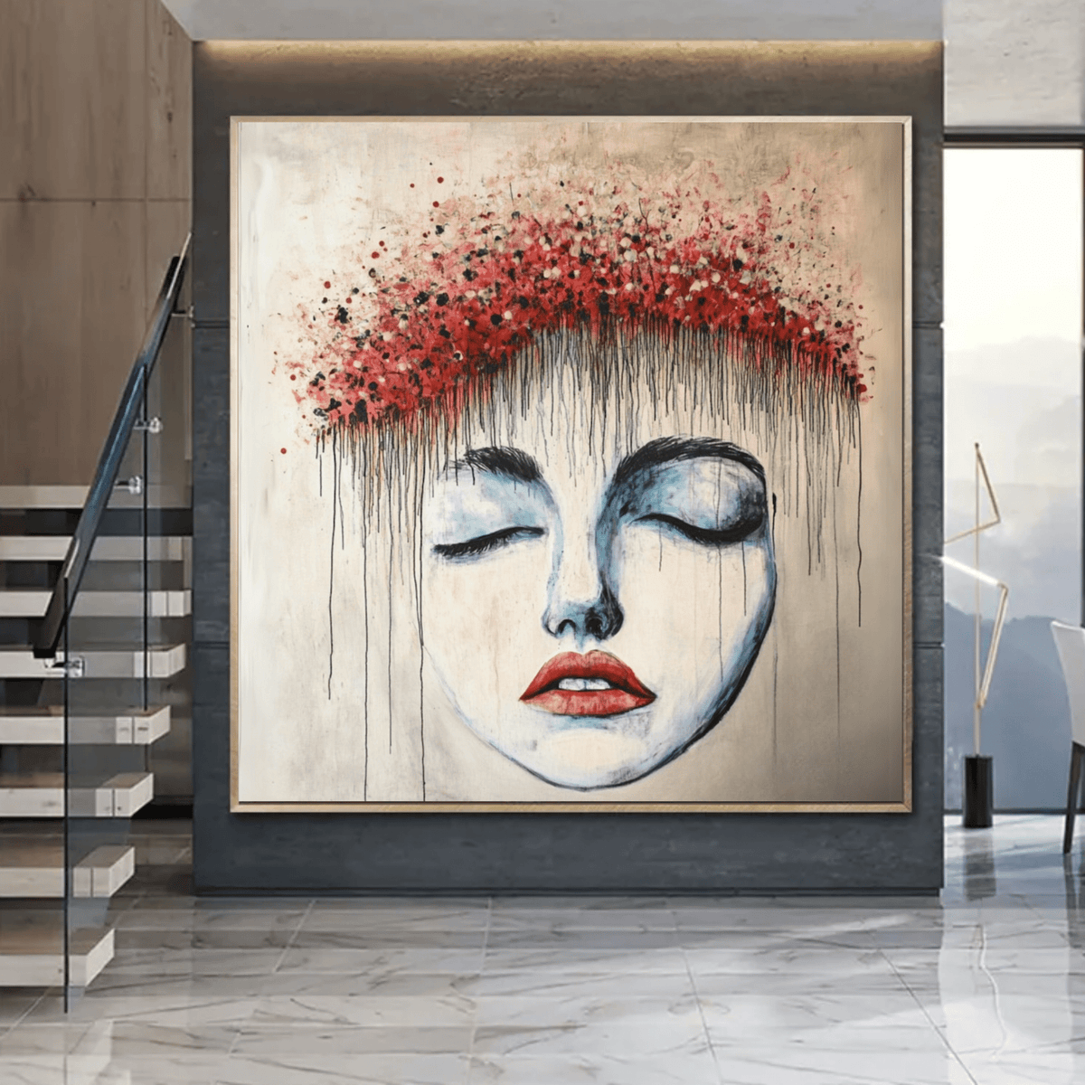 Original Painting : "Dream in Red" modern abstract canvas wall art by Rossetti Art – luxury interior design artwork for living room, bedroom, office – abstract portrait painting artistic flower crown blue and red portrait art
