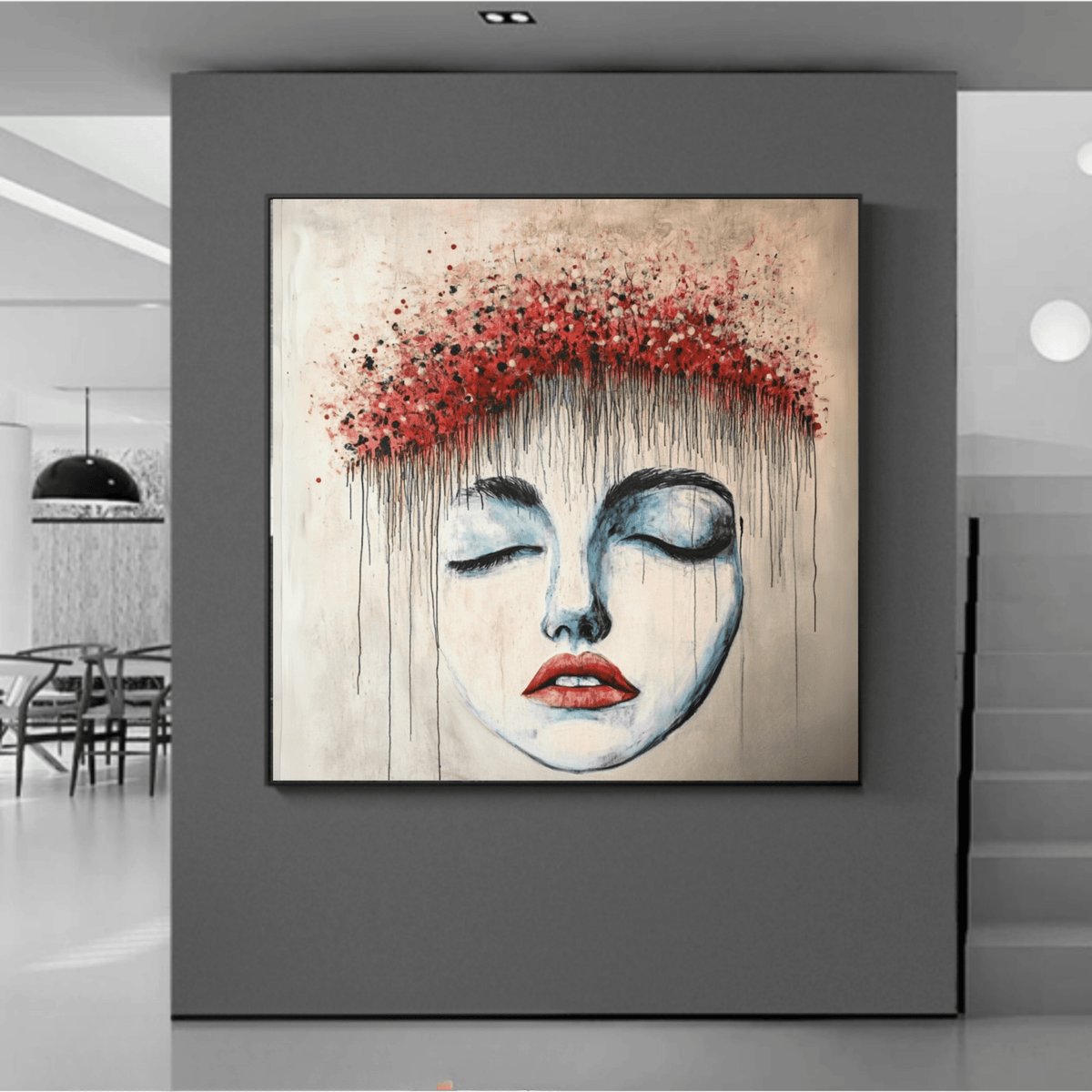 Original Painting : "Dream in Red" modern abstract canvas wall art by Rossetti Art – luxury interior design artwork for living room, bedroom, office – abstract portrait painting artistic flower crown blue and red portrait art