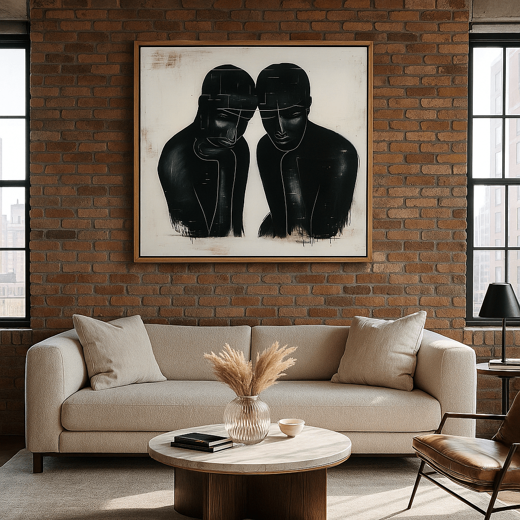 Original Painting : Duality of Silence – Modern Figurative Original Painting for Contemporary Interiors modern abstract canvas wall art by Rossetti Art – luxury interior design artwork for living room, bedroom, office – artistic wall decor bold colorful wall decor contemporary wall painting