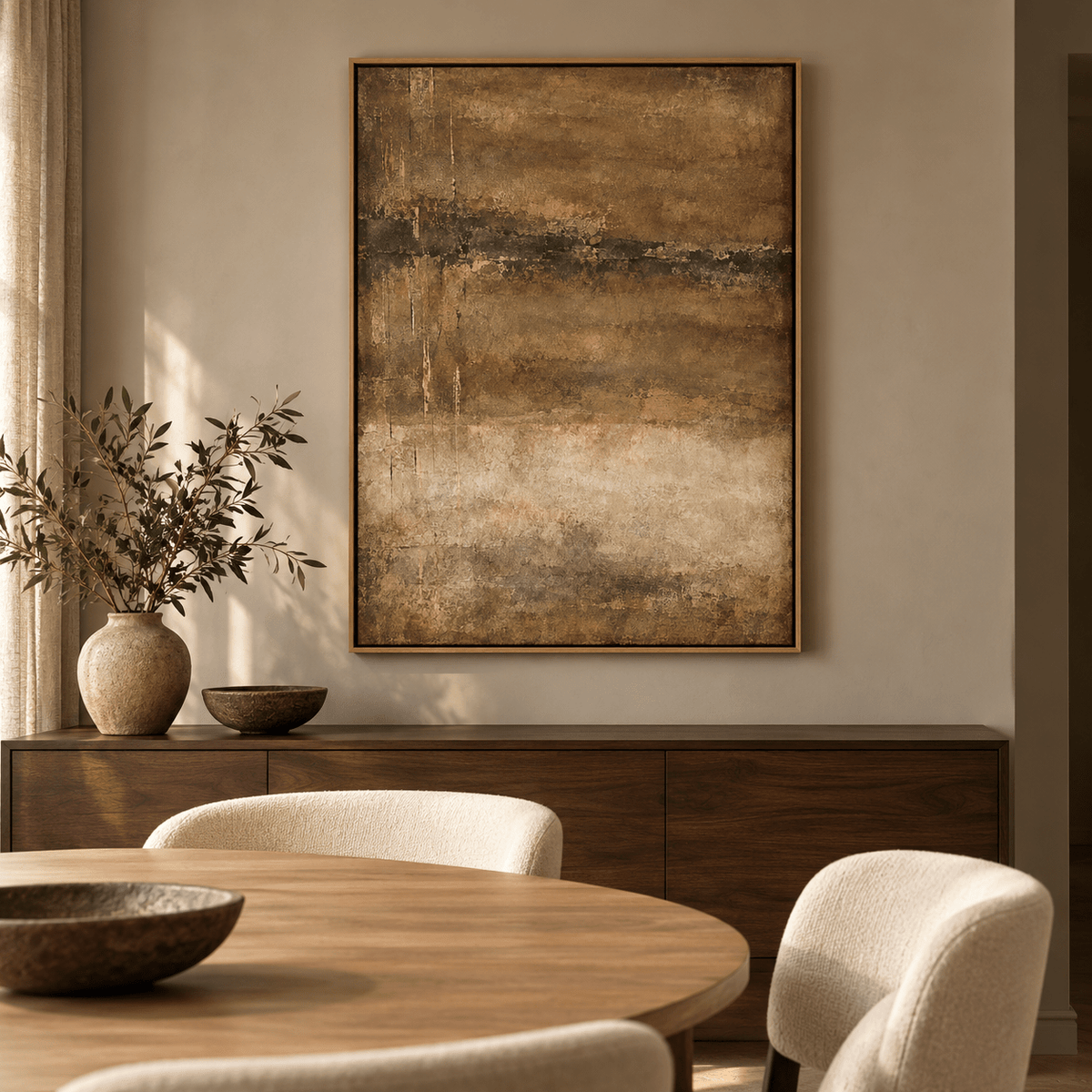 Earth Tone Abstract Art – Weathered Ground by Rossetti Art, original painting above a sideboard in a warm dining room