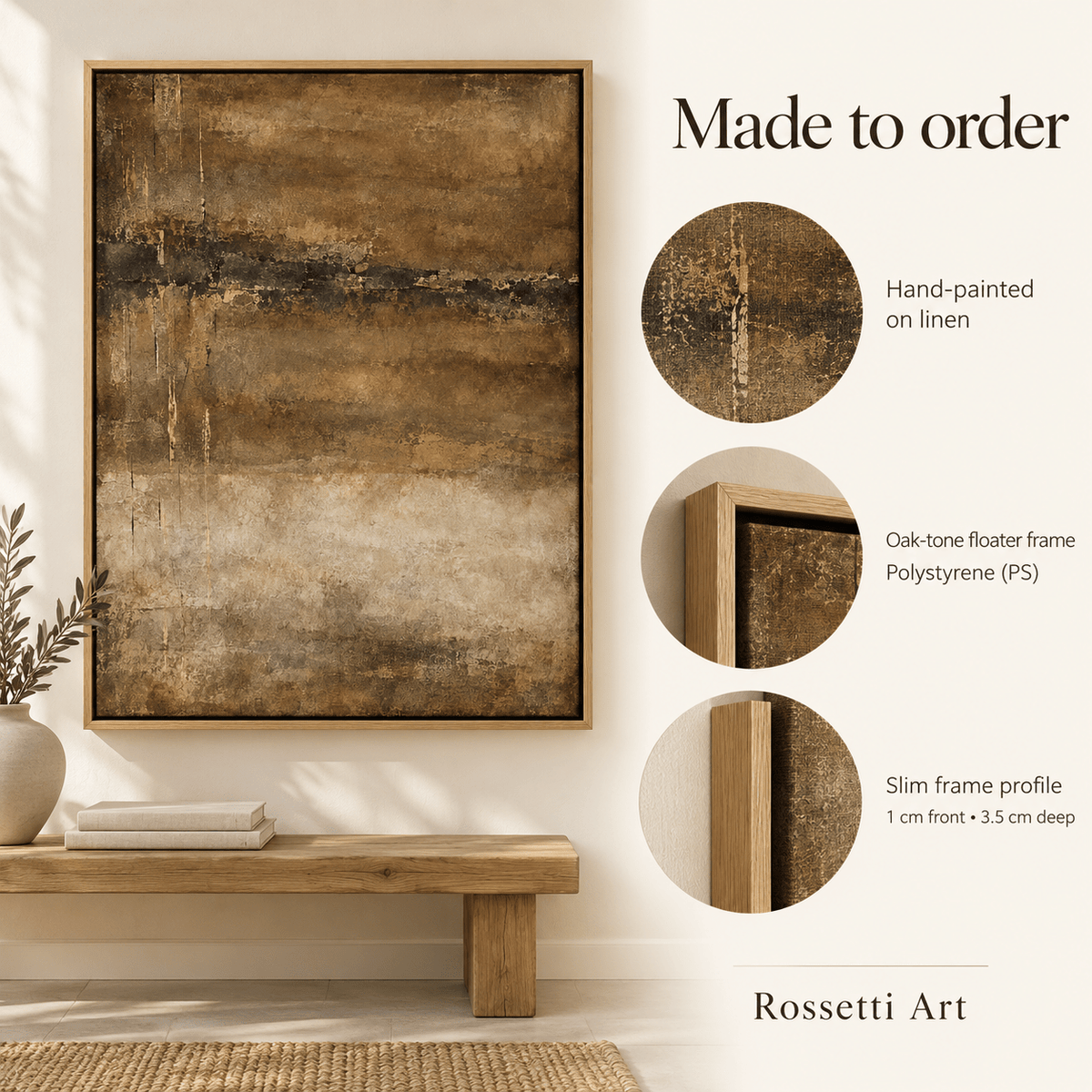 Earth Tone Abstract Art – Weathered Ground by Rossetti Art, made to order, hand-painted on linen with a slim floater frame