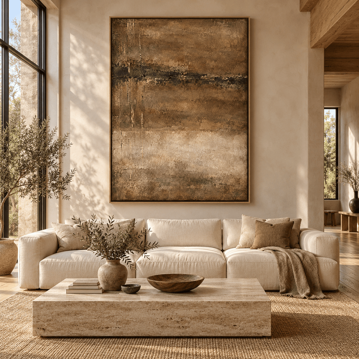 Earth Tone Abstract Art – Weathered Ground by Rossetti Art, large original painting above a cream sofa in a sunlit living room