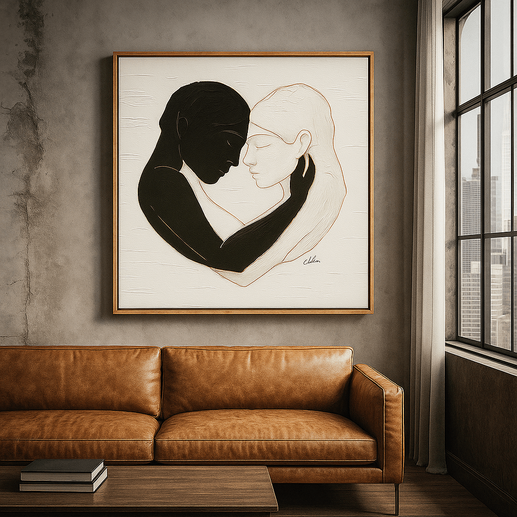 Original Painting : Embrace in Monochrome - Love Minimalist Original Painting on Canvas modern abstract canvas wall art by Rossetti Art – luxury interior design artwork for living room, bedroom, office – bull portrait canvas emotional artwork framed animal canvas