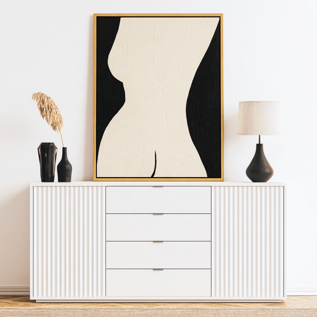 Female form wall art original painting Cream Contour above a white sideboard – Rossetti Art