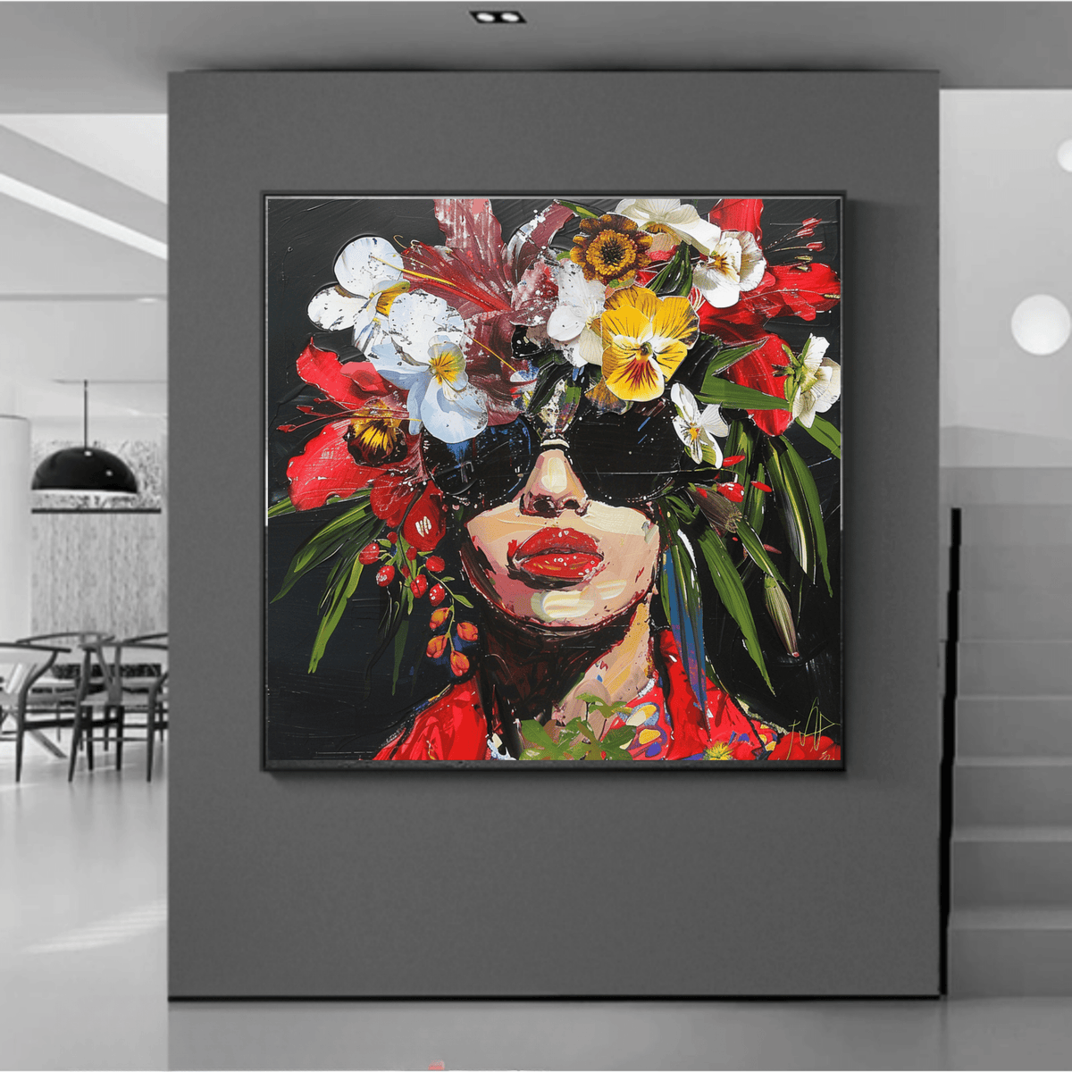 Original Painting : "Floral Fusion" modern abstract canvas wall art by Rossetti Art – luxury interior design artwork for living room, bedroom, office – artistic flower crown black canvas art bohemian floral artwork