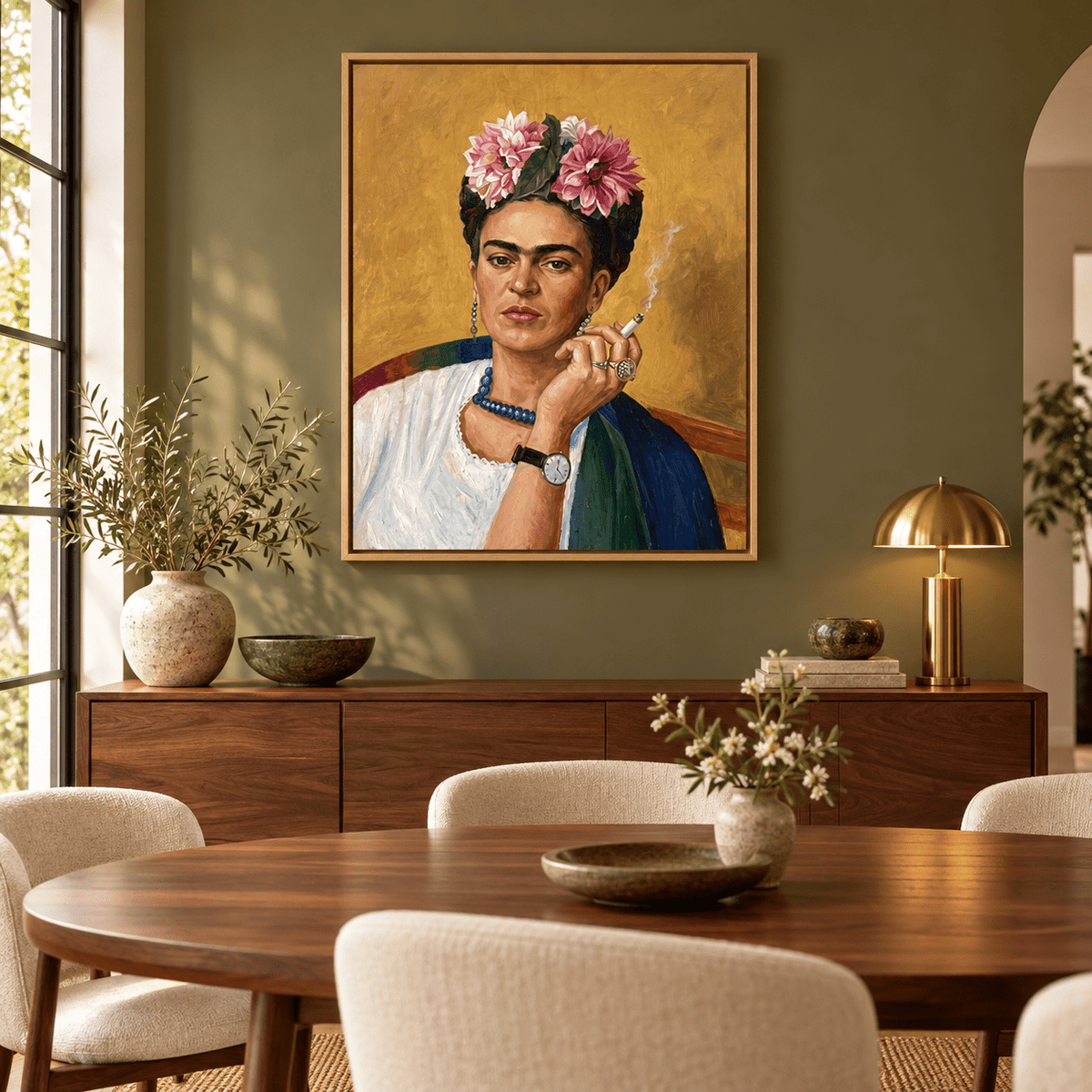 Frida Kahlo Original Painting – Frida by Rossetti Art over a walnut sideboard in a dining room