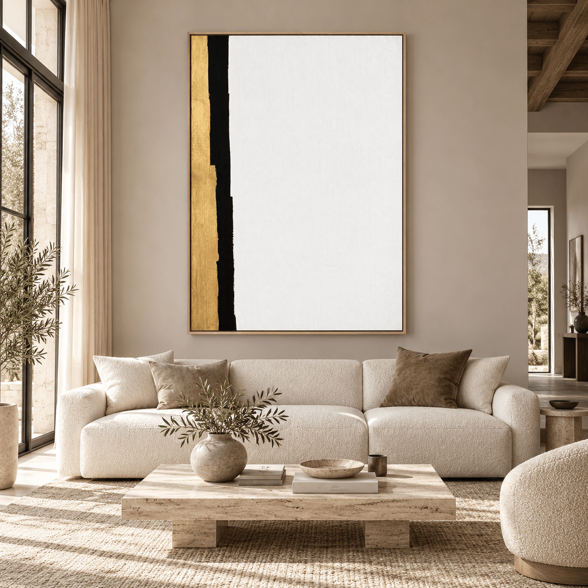 Gold and Black Abstract Art Original – Gilded Edge above a boucle sofa by Rossetti Art