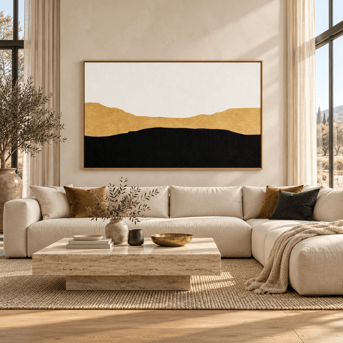 Gold and Black Wall Art – Golden Ridge above a cream sectional by Rossetti Art