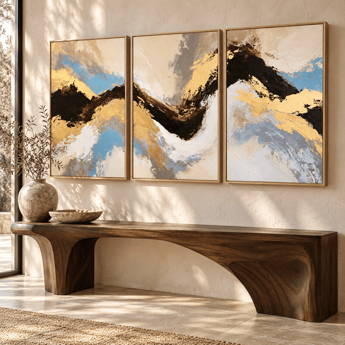 Gold and Grey Wall Art – Gilt Ridge set of 3 by Rossetti Art, triptych in a wabi-sabi entryway