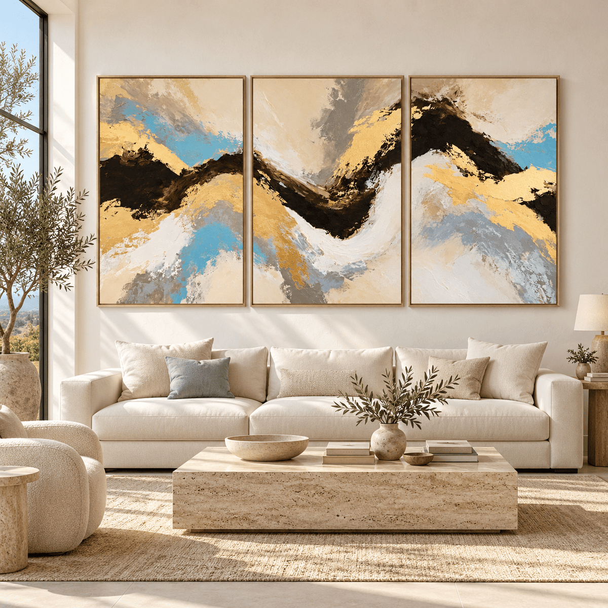 Gold and Grey Wall Art – Gilt Ridge set of 3 by Rossetti Art, oversized triptych above a sofa