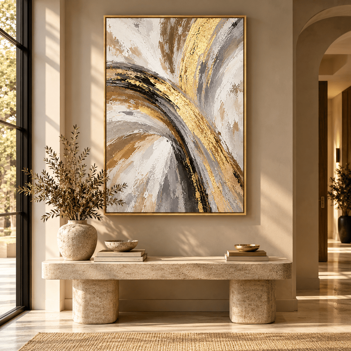 Gold Leaf Abstract Painting – Gilded Arc above an entryway console by Rossetti Art