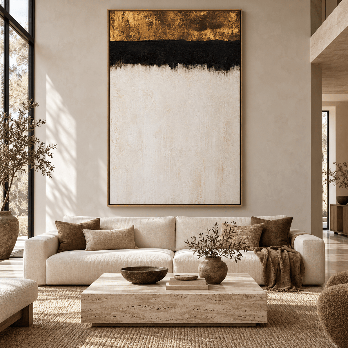 Gold Textured Wall Art Original – Bronze Horizon above a sofa by Rossetti Art