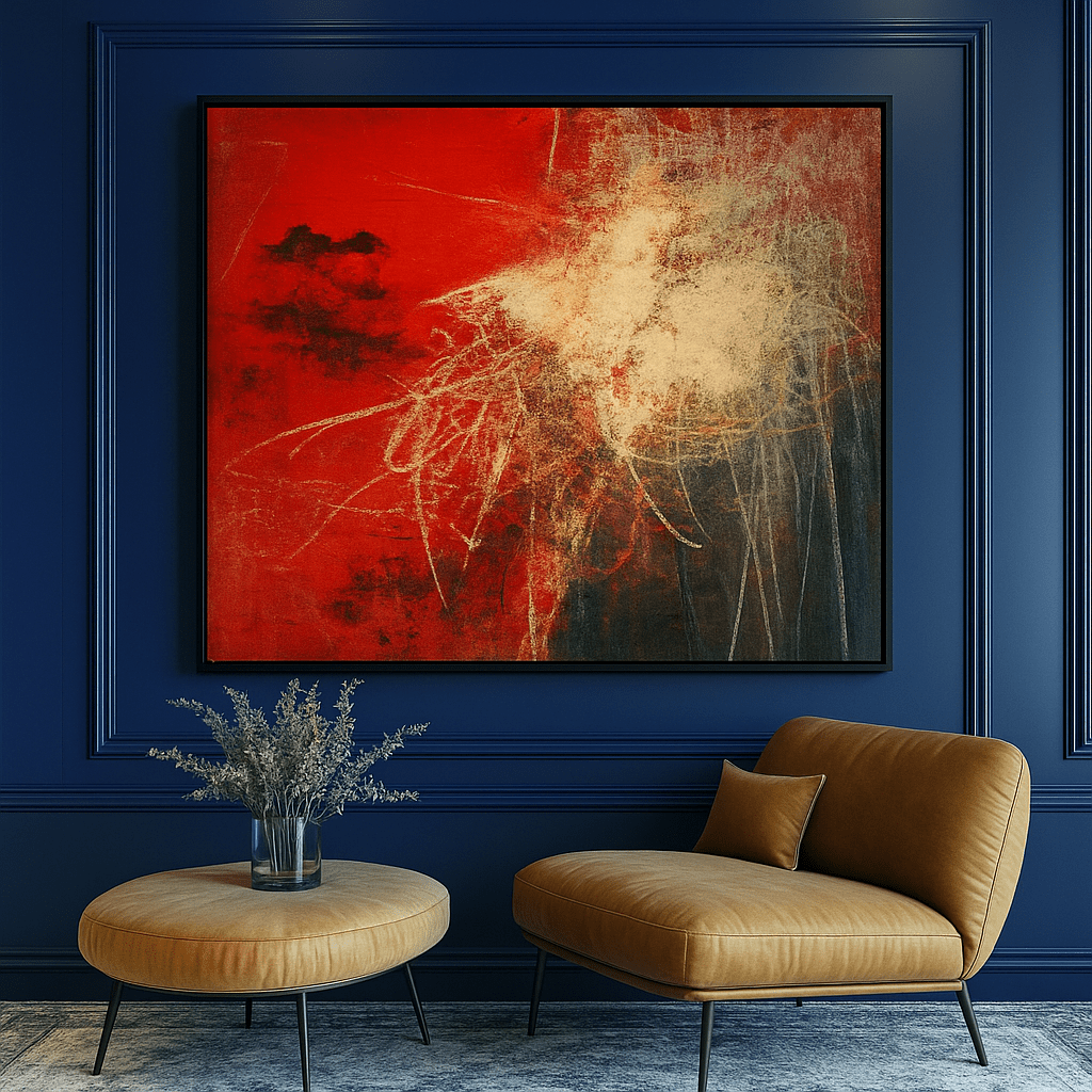 Original Painting: Golden Grace – Red & Charcoal Expressionist Wall Art modern abstract canvas wall art by Rossetti Art – luxury interior design artwork for living room, bedroom, office – Blue Canvas Art Bold Wall Art Creative Interior Style