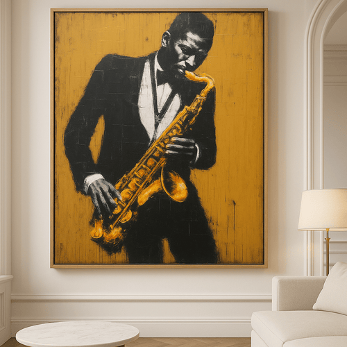 Original Painting : "Golden Jazz Reverie" – Saxophone Player Portrait Canvas modern abstract canvas wall art by Rossetti Art – luxury interior design artwork for living room, bedroom, office – black and gold canvas print framed canvas wall art framed musician artwork