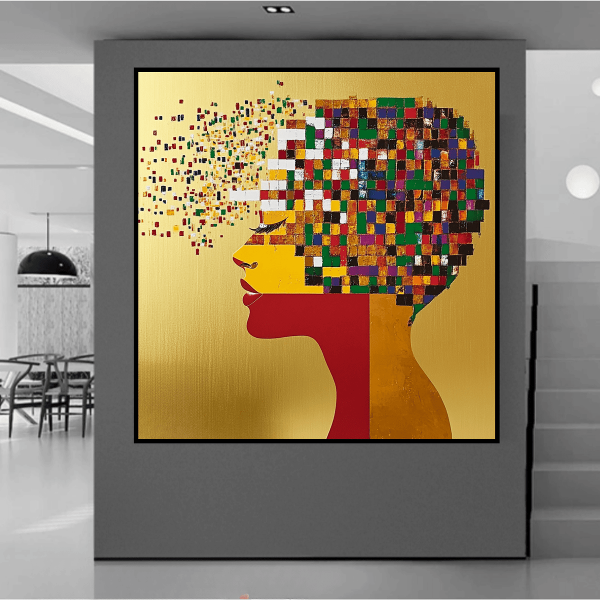 Original Painting : Golden Mosaic Silhouette – Modern Handmade Abstract Canvas Art modern abstract canvas wall art by Rossetti Art – luxury interior design artwork for living room, bedroom, office – Abstract silhouette artwork art for modern interiors Colorful luxury painting