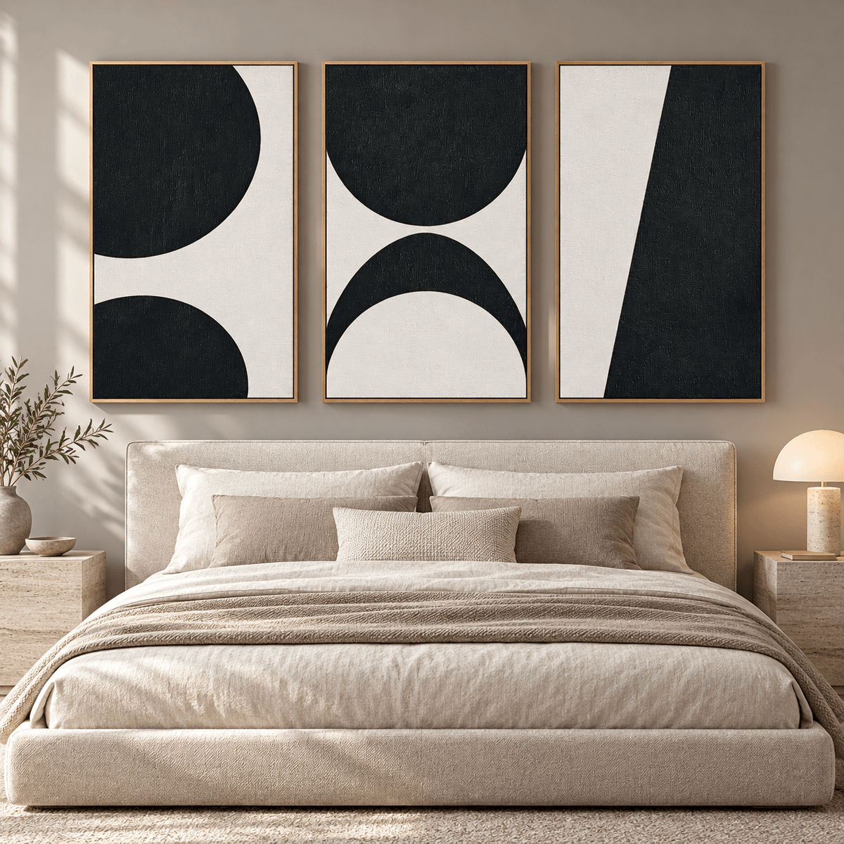 Half Circle Wall Art Set of 3 – Lunar Divide above a bed in a modern bedroom by Rossetti Art