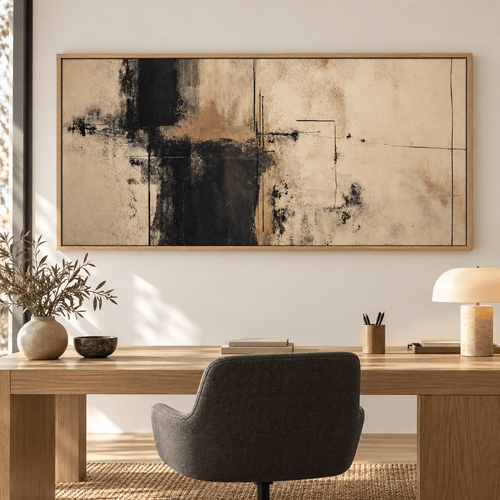 Horizontal Abstract Painting Original – Ash Meridian by Rossetti Art, wide sand, black and gold mixed media painting above a desk