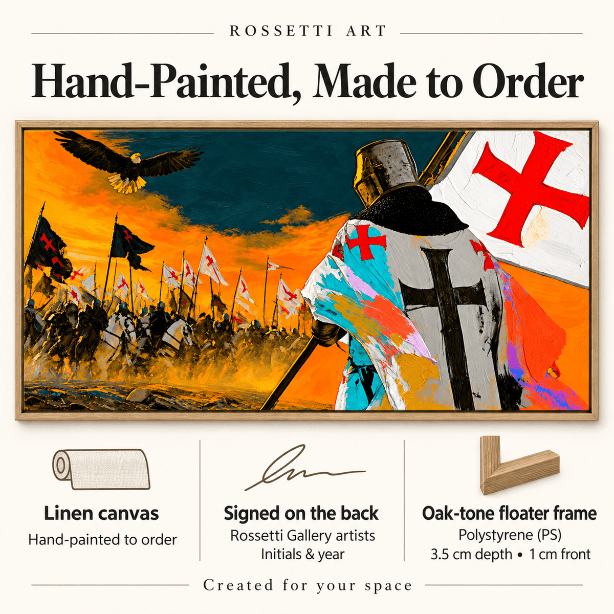 Knight Painting — Crimson Vigil, Original Templar Painting by Rossetti Art modern abstract canvas wall art by Rossetti Art – luxury interior design artwork for living room, bedroom, office – handmade wall art horizontal knight painting