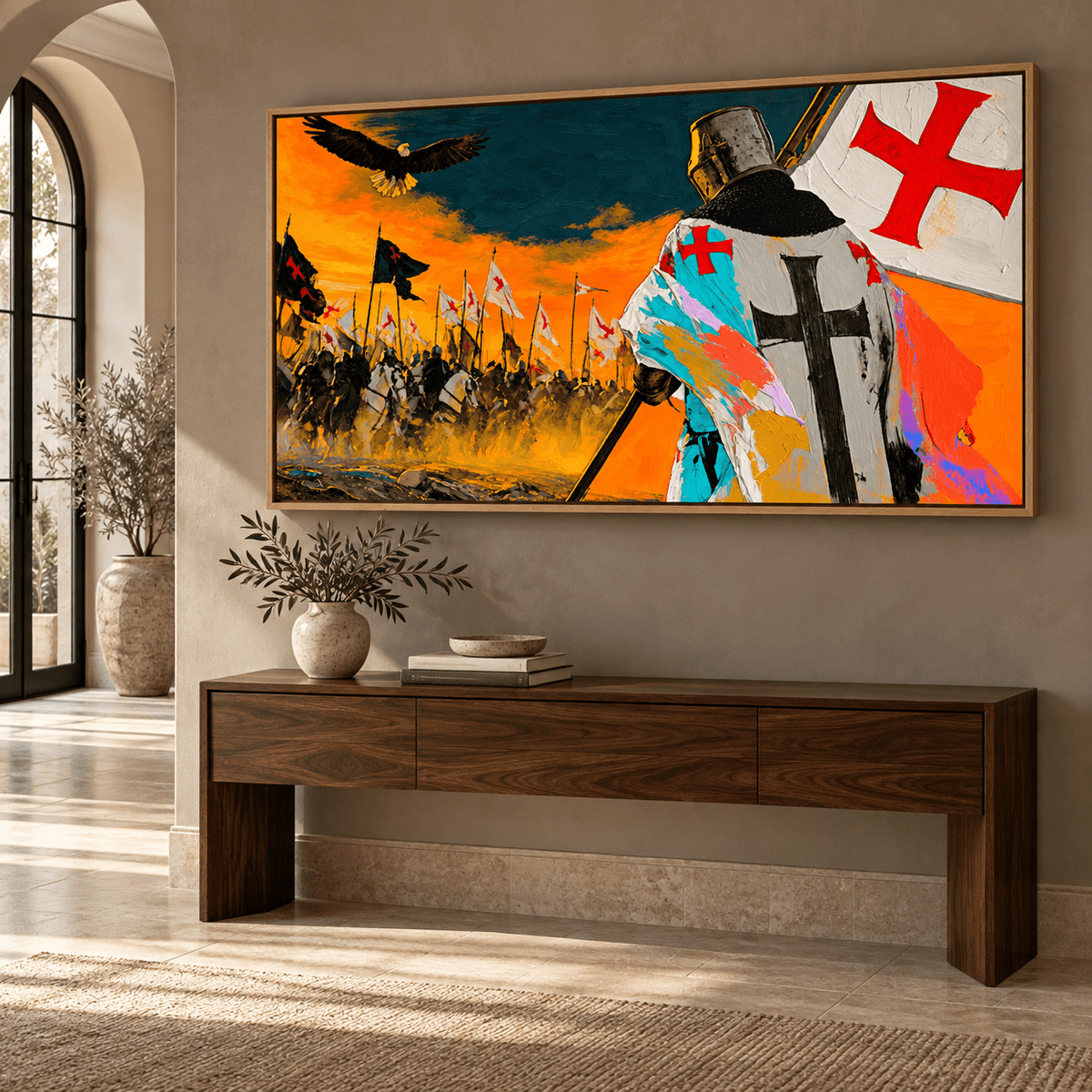 Knight Painting – Crimson Vigil above a walnut console by Rossetti Art