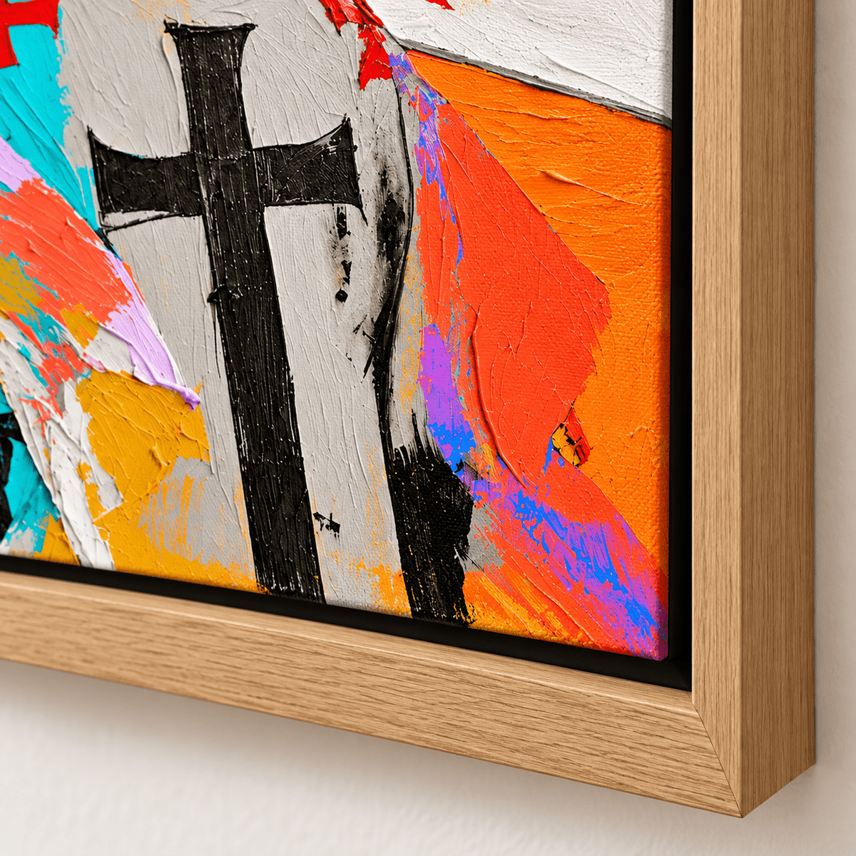 Knight Painting – Crimson Vigil, floater frame corner and palette-knife texture detail by Rossetti Art