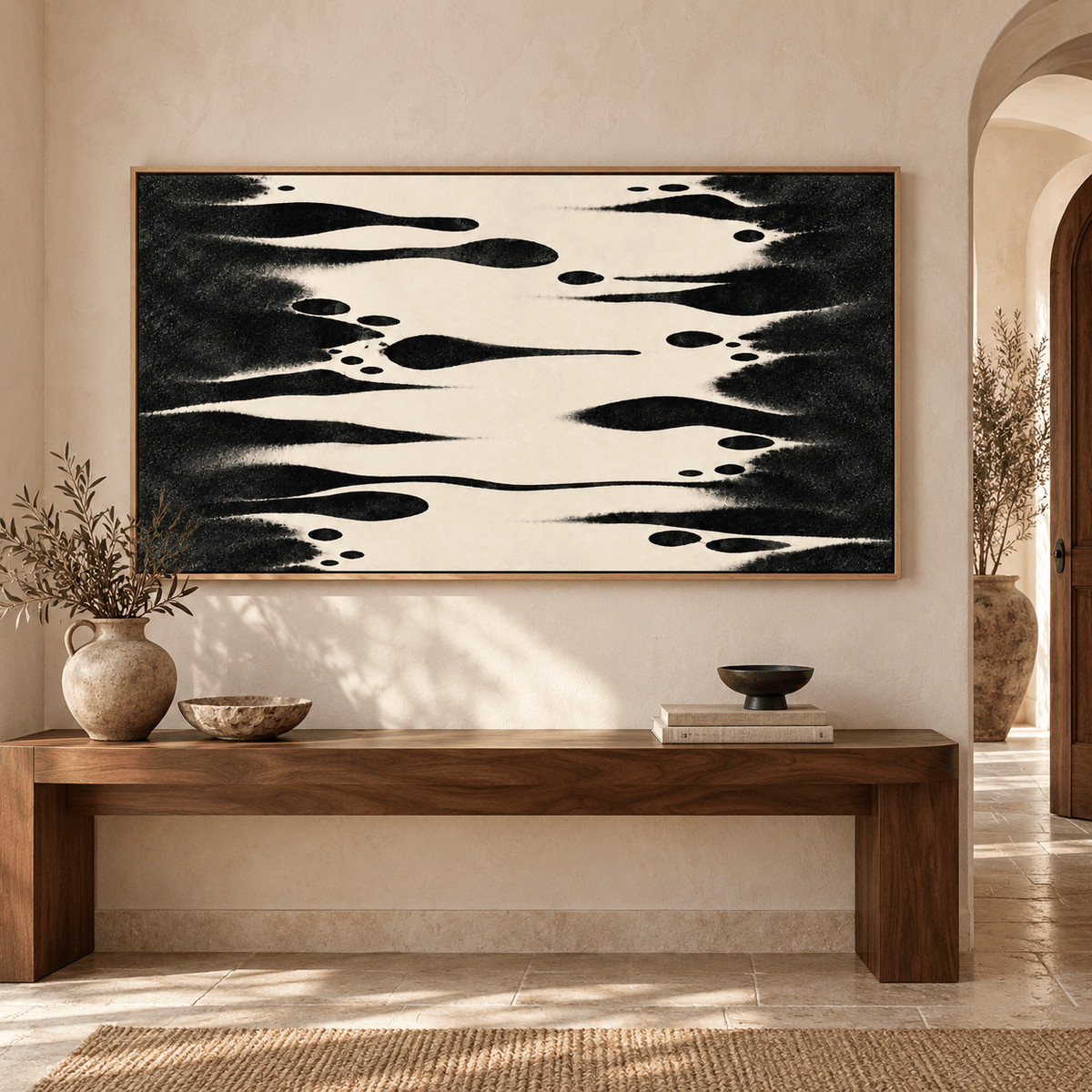 Large Horizontal Wall Art Original Painting – Ink Tributary above an entryway console by Rossetti Art