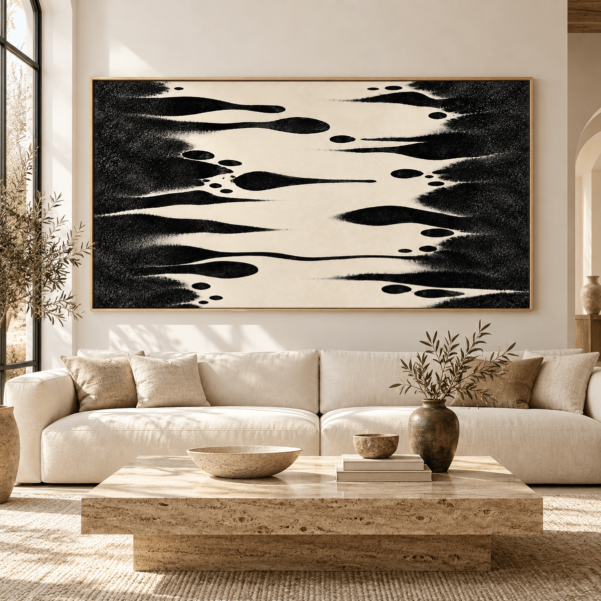 Large Horizontal Wall Art Original Painting – Ink Tributary above a cream sofa in a living room by Rossetti Art