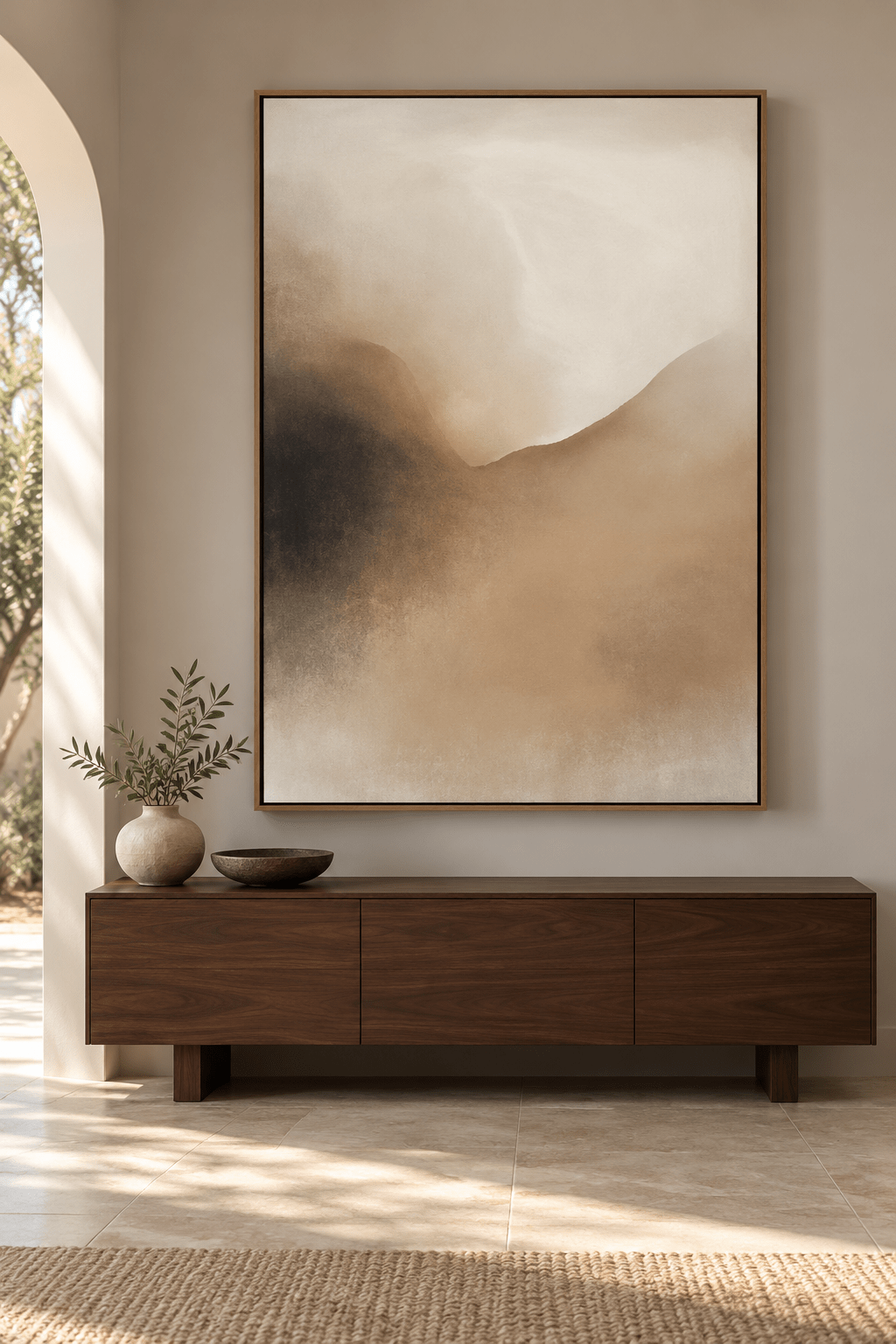 Misty Landscape Painting Original – Veiled Ridge by Rossetti Art, abstract painting above a console in a calm interior