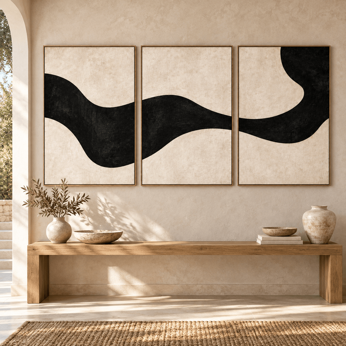 Modern Organic Wall Art Original Painting Set of 3 – Ebony Current by Rossetti Art above a wooden console in an entryway