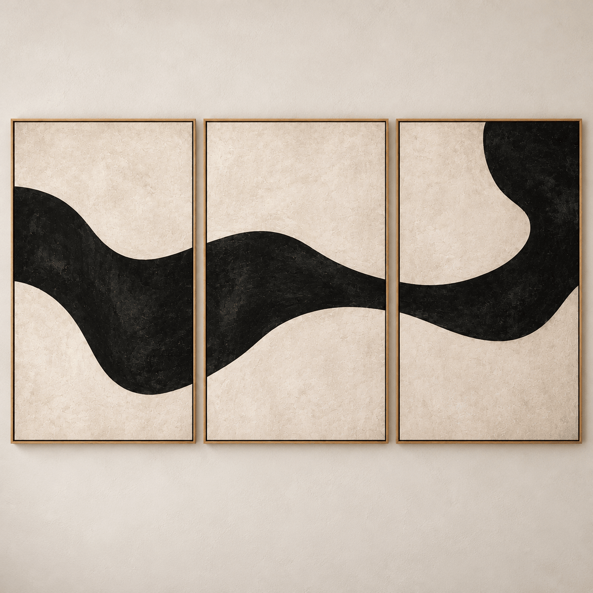 Modern Organic Wall Art Original Painting Set of 3 – Ebony Current by Rossetti Art, a black ribbon flowing across three cream vertical panels