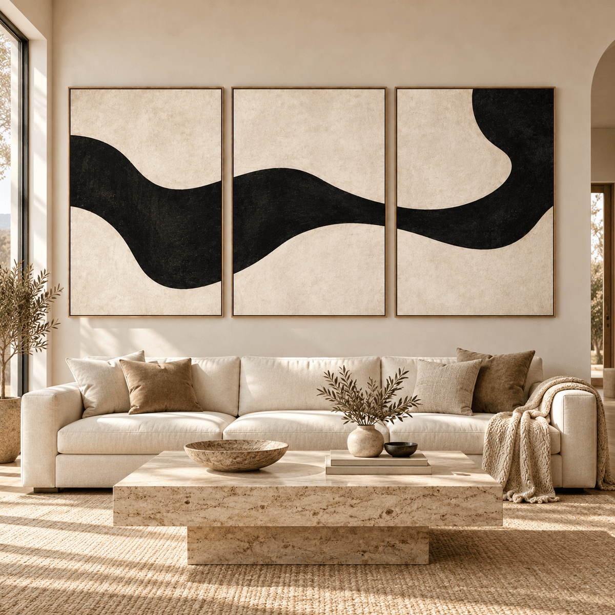 Modern Organic Wall Art Original Painting Set of 3 – Ebony Current by Rossetti Art above a cream sofa in a bright living room