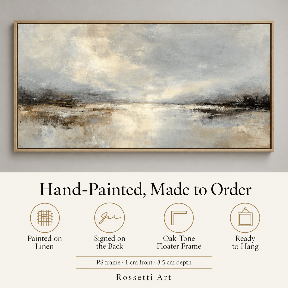 Moody Landscape Painting Original – Silver Tide by Rossetti Art, hand-painted abstract landscape with floater frame