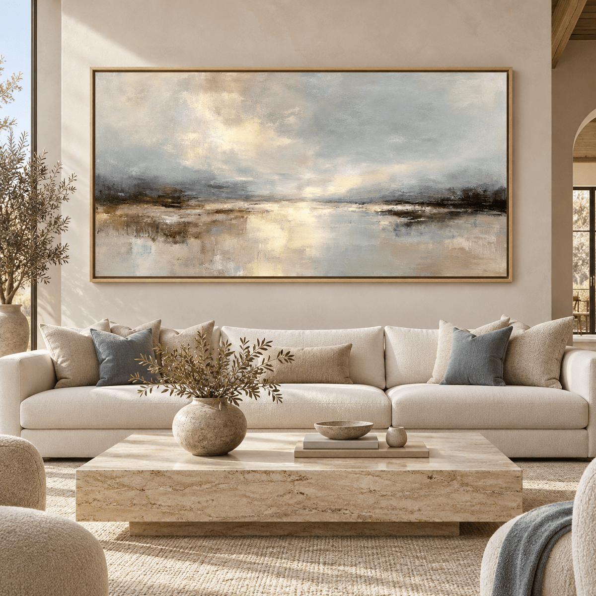 Moody Landscape Painting Original – Silver Tide by Rossetti Art, framed abstract landscape above an ivory sofa