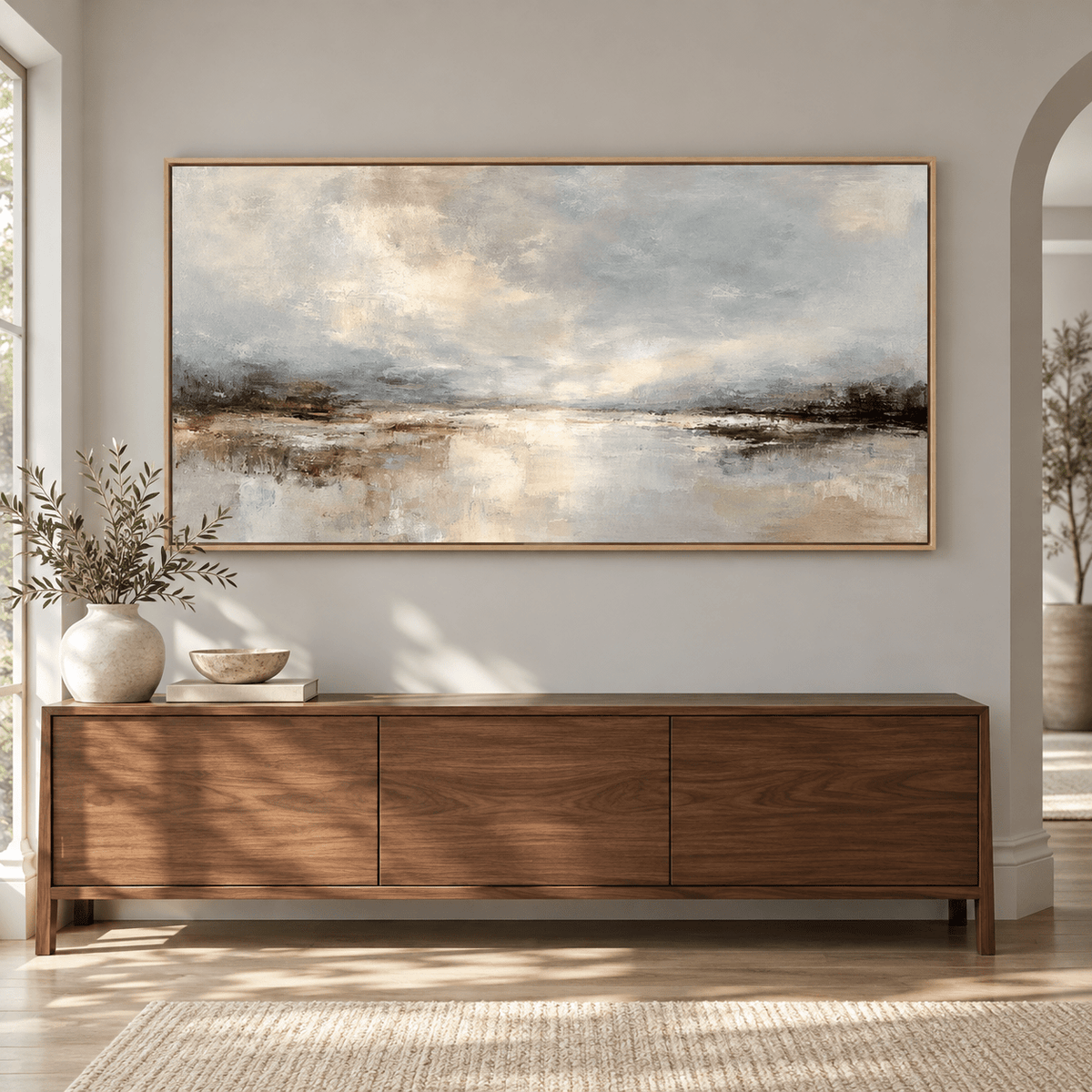 Moody Landscape Painting Original – Silver Tide by Rossetti Art, wide grey and gold abstract landscape above a console