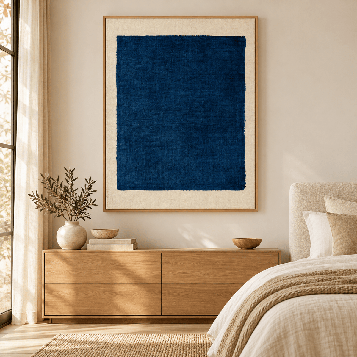 Navy blue painting Indigo Frame above a dresser in a bedroom – Rossetti Art